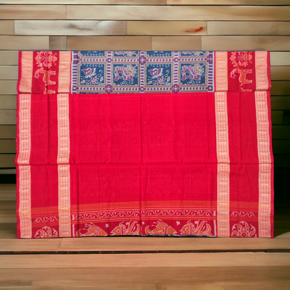 TSC Premium Sambalpuri Cotton Saree in Green and Maroon with Double Fish Motifs Border