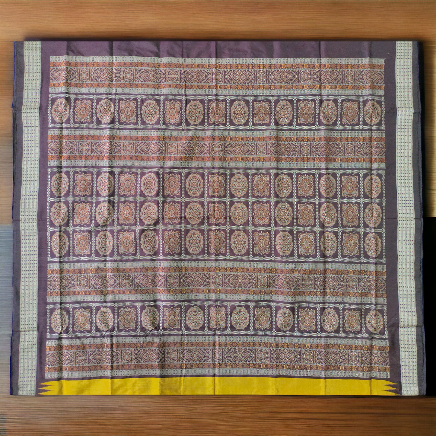 TSC Yellow and Red Bomkai Silk Saree with Brown Flower Motifs with Deuli Border