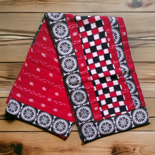 TSC Patchwork Sambalpuri Cotton Saree - Red, Green & Chariot design