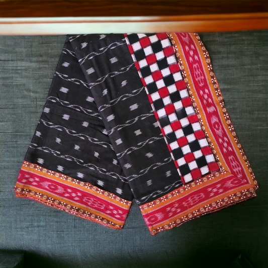 TSC Patchwork Sambalpuri Cotton Saree in Black and Maroon in Pasapalli design