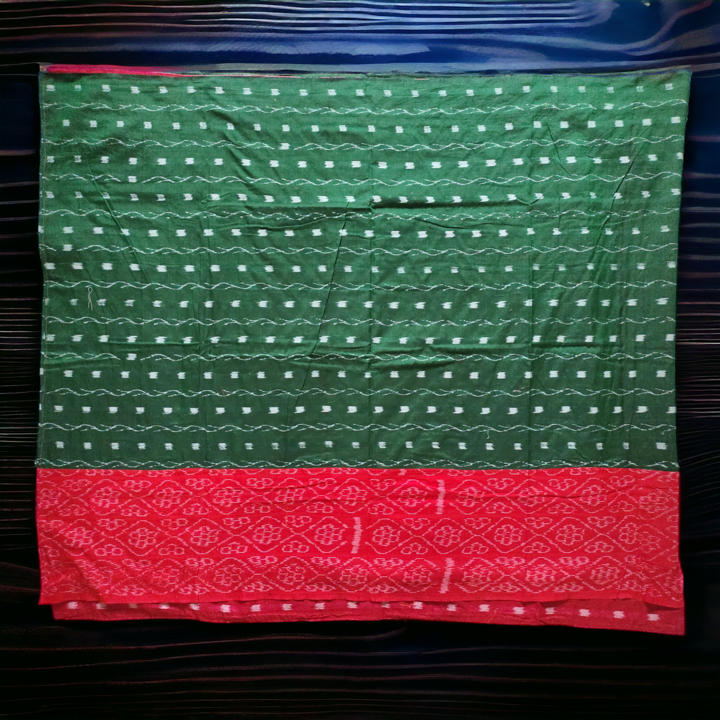 TSC Patchwork Sambalpuri Cotton Saree - Red, Green & Chariot design