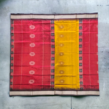 TSC Yellow and Red Bomkai Silk Saree with Brown Flower Motifs with Deuli Border